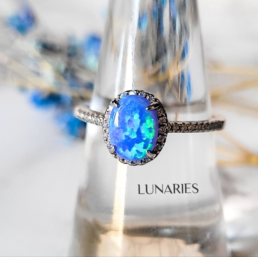 925 Sterling Silver Delicate Blue Opal CZ Halo Ring, Elegant Dainty Jewelry